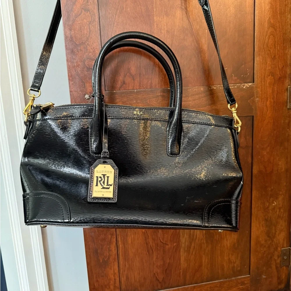 Lauren Ralph Lauren Black Patent Leather Satchel with Gold Hardware